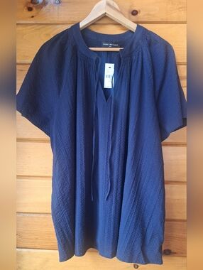 Lane Bryant Flutter-Sleeve Split-Neck Popover Top. Short Sleeve Tie-Neck, Navy